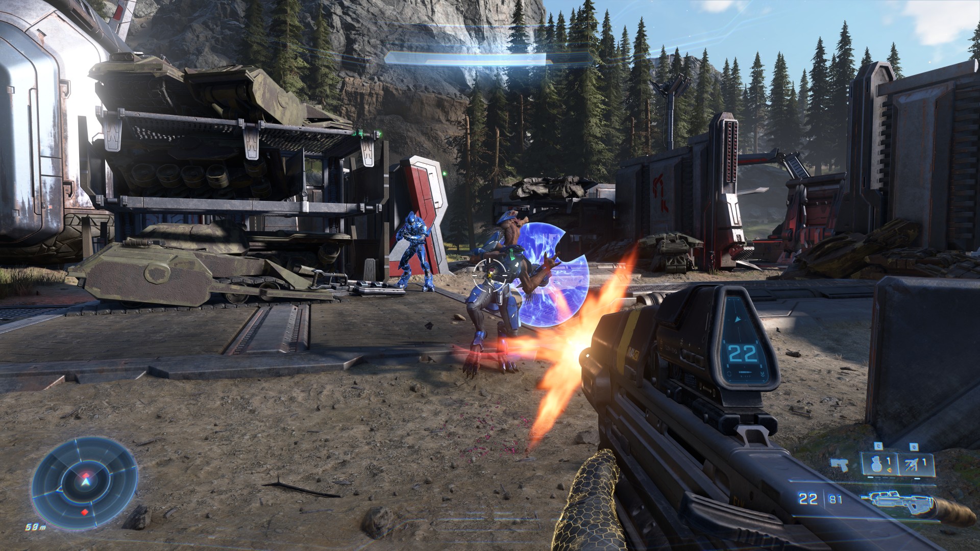 Master Chief engaging in combat with hostile Covenant forces.
