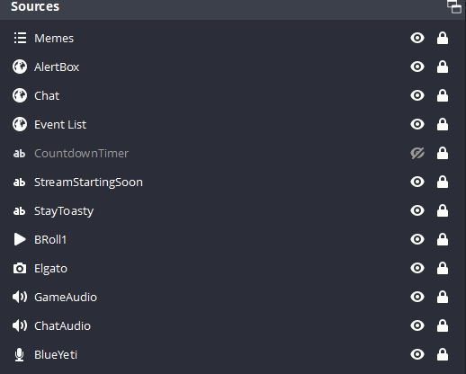 OBS Source Hierarchy with “Memes” at the very top.