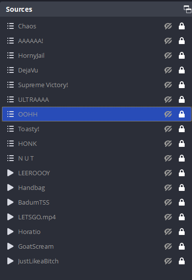 OBS Source Hierarchy for Memes scene with “OOHH” scene hightlighted.